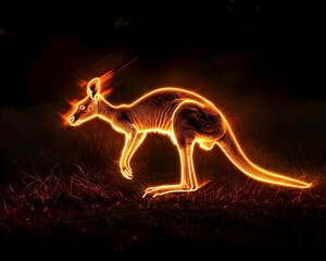 Poster - Neon Kangaroo Mid Jump Against Dark Background Glowing in Vibrant Orange and Yellow Hues