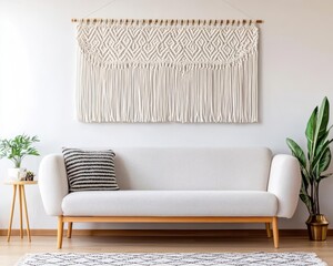 A stylish living room featuring a modern couch, decorative macrame wall art, and indoor plants, creating a cozy and inviting atmosphere for relaxation and entertainment.