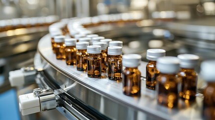 Rows of glass vials and laboratory equipment in pharmaceutical industry