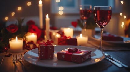 Romantic Dinner Table Setting with Candles, Wine, and Gifts