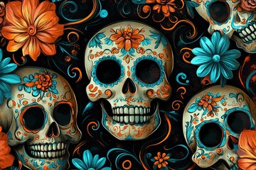 Day of the dead beautiful colorful illustration, sugar skull decorated with flowers for 