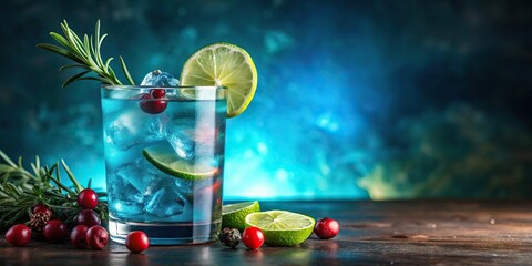 fresh summer cocktail on blue lagoon background with ice, lime, rosemary, cranberries