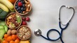 © nitnicha - Fresh fruits, nuts, and grains arranged with a stethoscope for healthy eating and wellness concept.