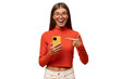 © Damir Khabirov - Woman pointing at her smartphone with surprised and excited face expression
