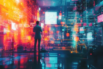 A businessman stands in a futuristic digital landscape, surrounded by data and information.