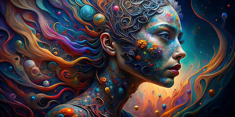 Wall Mural - A digital painting depicting a woman's profile with colorful swirls and abstract shapes resembling a cosmic landscape. Her skin is covered in vibrant paint splatters.