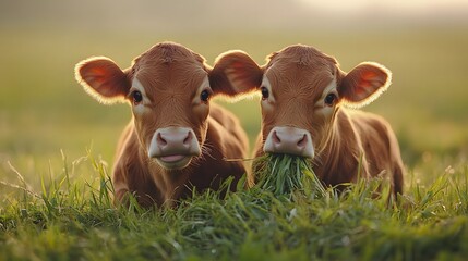 Two brown cows grazing close-up in a rustic farm setting, enjoying fresh grass under golden hour light, showcasing detailed textures and a warm, pastoral atmosphere.