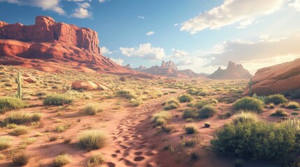 Red desert valley with a path snaking through low bushes and cacti, leading to massive sandstone buttes under the warm desert sun