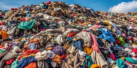 mountain of discarded clothes in landfill garbage