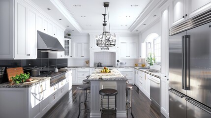 A modern kitchen with sleek appliances, a marble countertop, and stylish decor