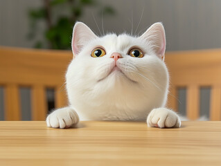 Wall Mural - A white British cat jumped onto the dining table. The cat looks up 