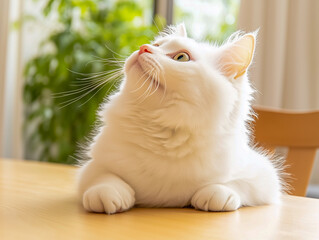 A white British cat jumped onto the dining table. The cat looks up