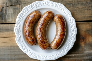 Wall Mural - Three boiled sausages in white plate on wooden table - generative ai