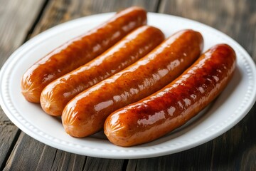 Wall Mural - Three boiled sausages in white plate on wooden table - generative ai