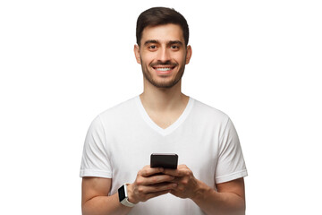 Close-up portrait of young happy smiling man, holding phone in both hands, looking at camera