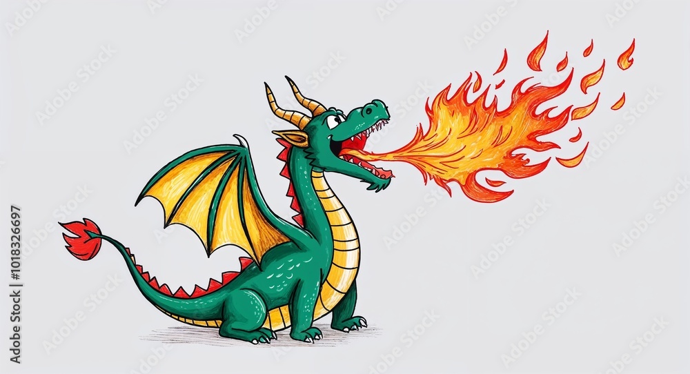 Hand drawing clipart of a dragon breathing fire on plain white ...