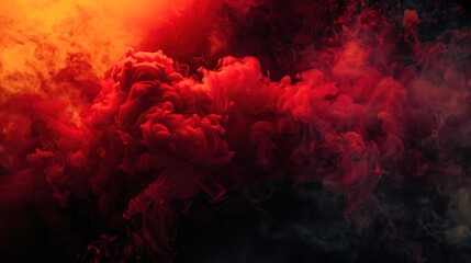 Wall Mural - heavy abstract red smoke on black background Red color clouds orange light in corner