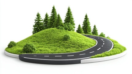 Wall Mural - Curved 3D road ascending a green mountain landscape, lush trees and winding path isolated on white.