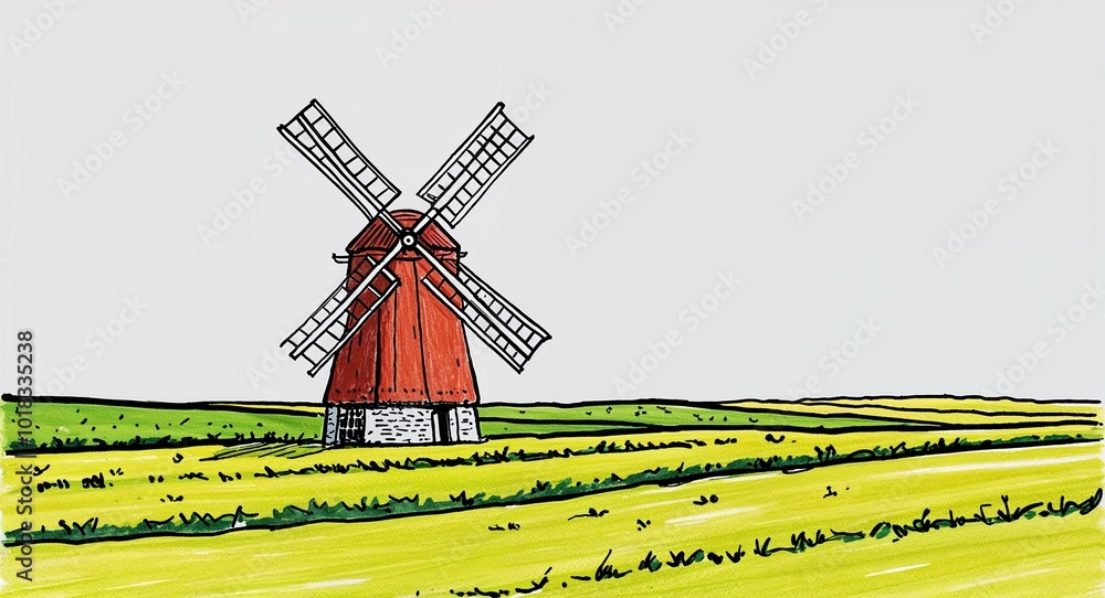 Hand drawing clipart of a windmill in field on plain white background ...