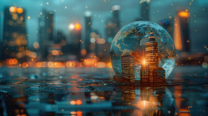 A bustling metropolis, mirrored in a crystal sphere, symbolizing the interconnectedness of humanity and the delicate balance of our planet.