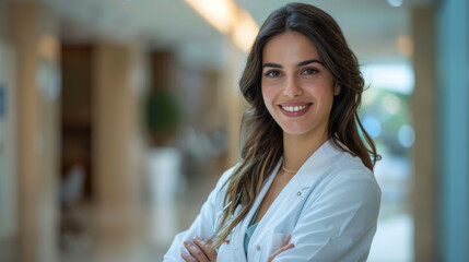 Portrait of happy caucasian female doctor smiling in hospital blurred view background