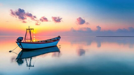 Poster - Tranquil Sunset with Fishing Boat on Calm Waters