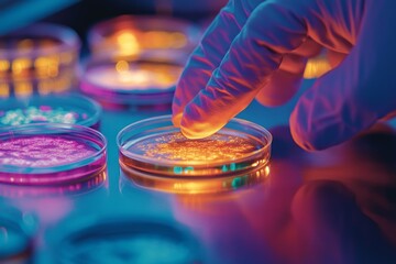 a hand in a glove gently touches a glowing petri dish. the scene showcases vibrant colors and scient