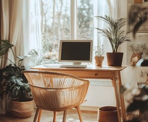 Bright  minimalist home office with plants