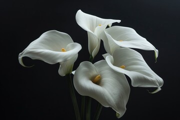 White calla lily flowers on black background, death lily flower condolence card, funeral concept image. digital ai art