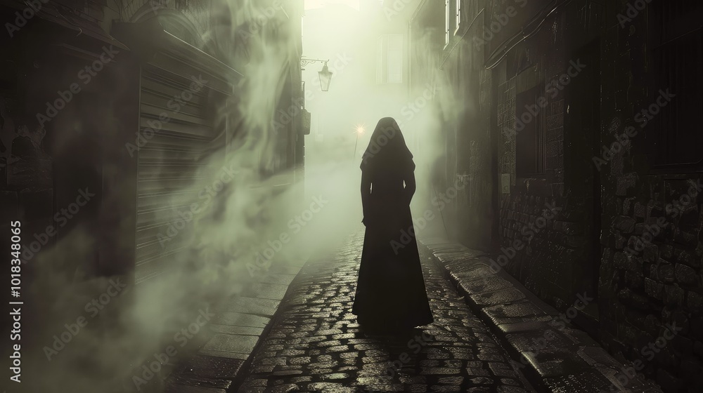 mysterious figure in a dark alley shrouded in fog, creating an eerie ...