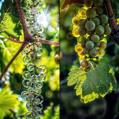 Grapevine Delights A close-up of a grapevine with water droplets on one side and ripe grapes on the other, bathed in warm sunlight.