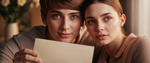 Two young women holding a blank banner at home