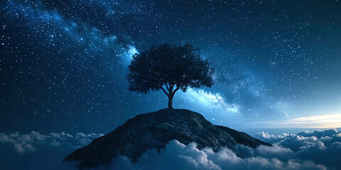 Wall Mural - A tree is on top of a hill in the night sky