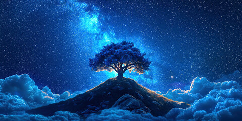 Wall Mural - A tree is on top of a hill in the sky
