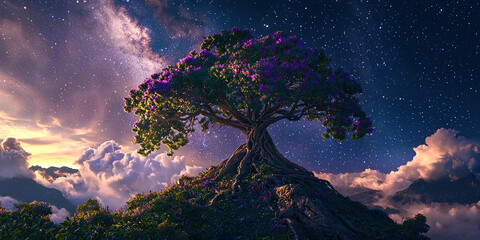 Wall Mural - A tree with purple leaves is on top of a hill
