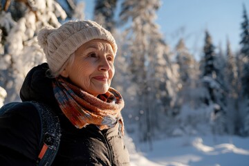 An elderly woman stands joyfully in a winter forest, bundled warmly in a knit cap and scarf, surrounded by sunlight and snow, embodying spirit and vitality.