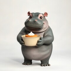 Cute cartoon hippo holding a bowl of whipped cream dessert, isolated on white background.