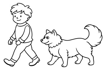 Wall Mural - A boy walks with a cheerful dog, coloring book A child with a pet. Fluffy animals in cartoon style. Vector illustration