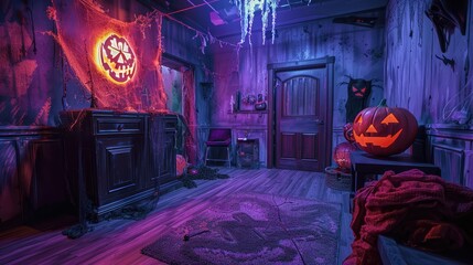 colorful haunted room decorated for Halloween with pumpkins, eerie lighting, and creepy decor for a thrilling atmosphere.