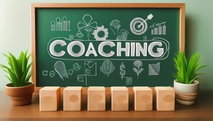 Chalkboard with coaching concept and wooden blocks.