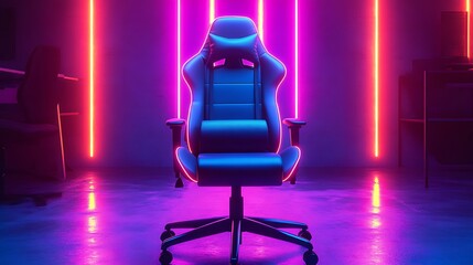 A professional stylish gaming chair showcasing red and blue neon strips against a wall