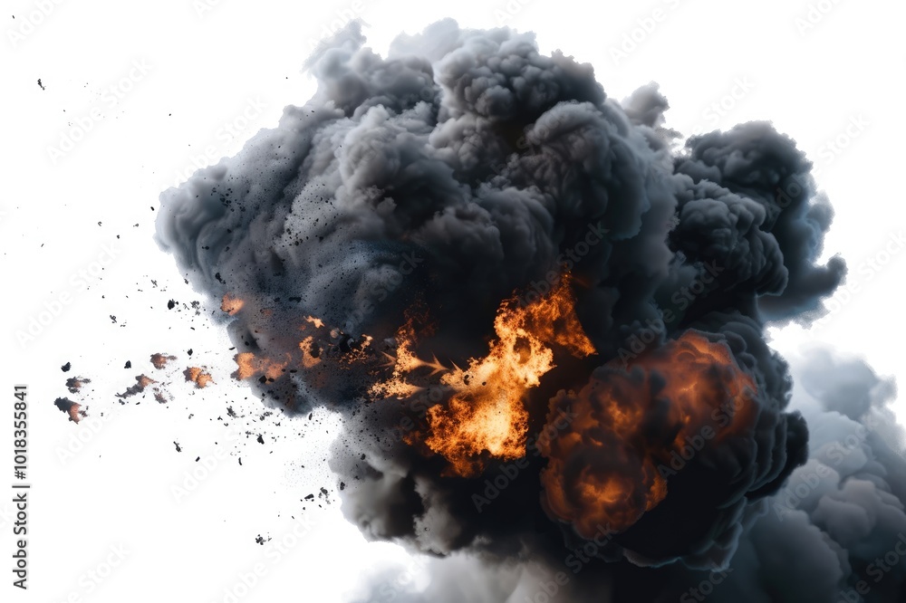 Large fireball with black smoke. fiery explosion with smoke isolated on ...