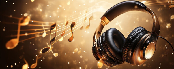 Elegant black headphones with floating musical notes on a golden background