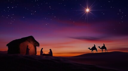 Nativity scene under a starry night sky with three wise men arriving, representing Christmas and religious symbolism in a serene desert setting