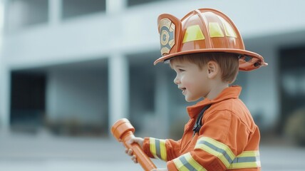 A boy dressed as a firefighter, holding a toy hose and pretending to put out fires   future firefighter, bravery dream