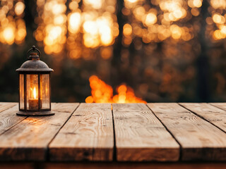 Poster - Rustic lantern illuminating empty wooden table in autumnal forest