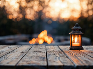 Poster - Lantern standing on empty wooden table in the evening with blurred bonfire on the background