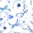 © lunata - Hand drawn watercolor blue bows and ribbons. Seamless pattern. Valentines design for romantic invitations design, coquette core, girls decor
