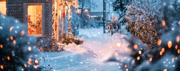 Snowy House Decorated with Christmas Lights at Night