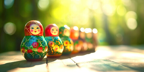 A row of Russian dolls are sitting on a wooden table